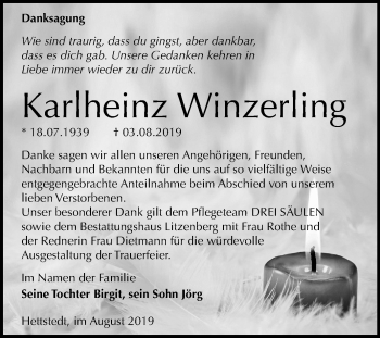 Traueranzeige von Karlheinz Winzerling von Mitteldeutsche Zeitung Mansfelder Land