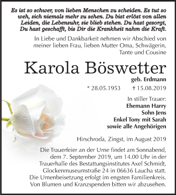 Traueranzeige von Karola Böswetter von Wochenspiegel Naumburg/Nebra