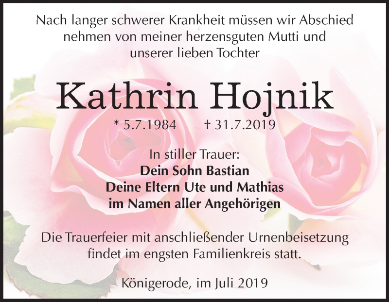  Traueranzeige für Kathrin Hojnik vom 07.08.2019 aus Mitteldeutsche Zeitung Quedlinburg