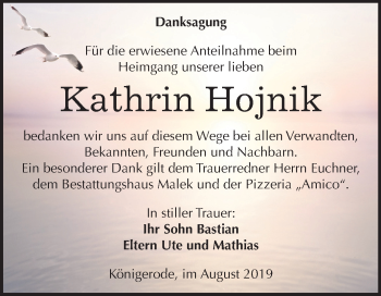 Traueranzeige von Kathrin Hojnik von Super Sonntag Quedlinburg
