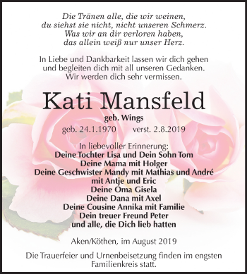 Traueranzeige von Kati Mansfeld von Mitteldeutsche Zeitung Köthen