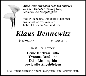 Traueranzeige von Klaus Bennewitz von Super Sonntag Dessau-Roßlau