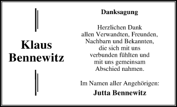 Traueranzeige von Klaus Bennewitz von Mitteldeutsche Zeitung Dessau-Roßlau
