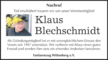 Traueranzeige von Klaus Blechschmidt von Super Sonntag Wittenberg