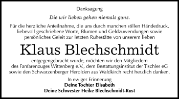 Traueranzeige von Klaus Blechschmidt von Mitteldeutsche Zeitung Wittenberg