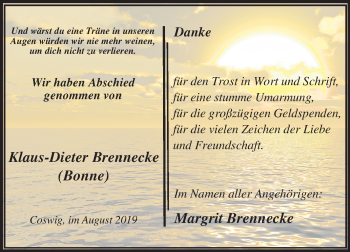 Traueranzeige von Klaus-Dieter Brennecke von Super Sonntag Wittenberg