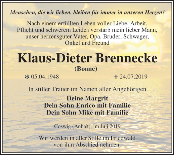 Traueranzeige von Klaus-Dieter Brennecke von Super Sonntag Wittenberg