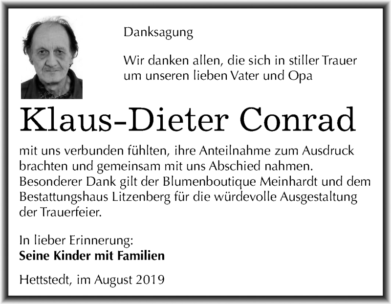  Traueranzeige für Klaus-Dieter Conrad vom 31.08.2019 aus Super Sonntag Mansfelder Land