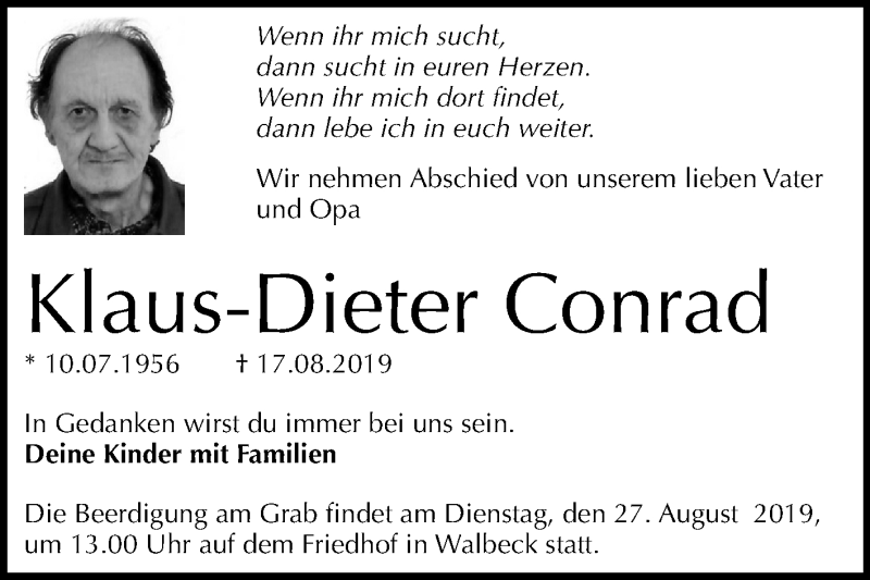  Traueranzeige für Klaus-Dieter Conrad vom 22.08.2019 aus Mitteldeutsche Zeitung Mansfelder Land