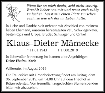Traueranzeige von Klaus-Dieter Mämecke von Wochenspiegel Mansfelder Land