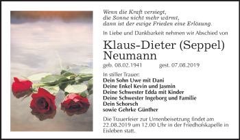 Traueranzeige von Klaus-Dieter Seppel von Super Sonntag Mansfelder Land