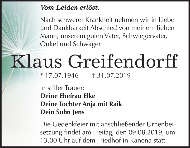  Traueranzeige für Klaus Greifendorff vom 07.08.2019 aus Mitteldeutsche Zeitung Halle/Saalkreis