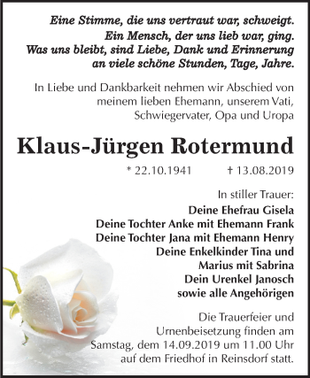 Traueranzeige von Klaus-Jürgen Rotermund von Mitteldeutsche Zeitung Köthen
