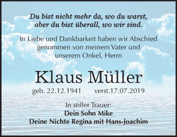 Traueranzeige von Klaus Müller von Wochenspiegel Weißenfels