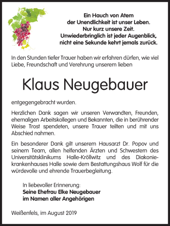 Traueranzeige von Klaus Neugebauer von Wochenspiegel Weißenfels