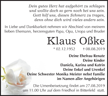 Traueranzeige von Klaus Oßke von Mitteldeutsche Zeitung Bitterfeld