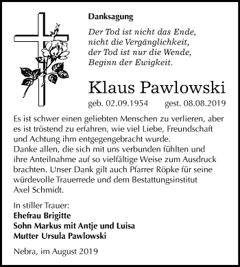 Traueranzeige von Klaus Pawlowski von Wochenspiegel Naumburg/Nebra