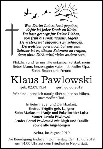 Traueranzeige von Klaus Pawlowski von Mitteldeutsche Zeitung Merseburg/Querfurt / Naumburg/Nebra