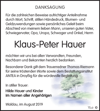 Traueranzeige von Klaus-Peter Hauer von Super Sonntag Zeitz