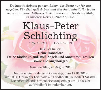 Traueranzeige von Klaus-Peter Schlichting von Mitteldeutsche Zeitung Dessau-Roßlau