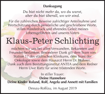 Traueranzeige von Klaus-Peter Schlichting von Mitteldeutsche Zeitung Dessau-Roßlau