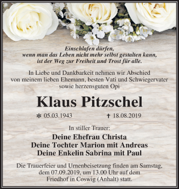 Traueranzeige von Klaus Pitzschel von Mitteldeutsche Zeitung Wittenberg