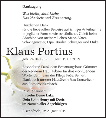 Traueranzeige von Klaus Portius von Mitteldeutsche Zeitung Mansfelder Land