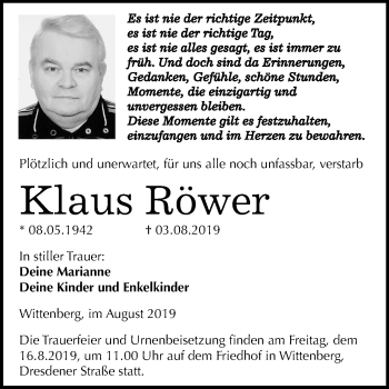 Traueranzeige von Klaus Röwer von Super Sonntag Wittenberg