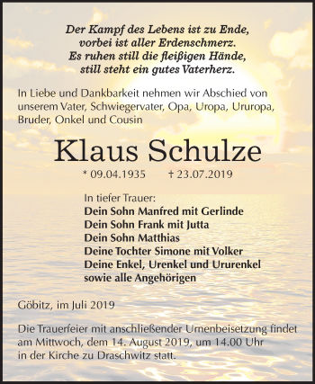 Traueranzeige von Klaus Schulze von Mitteldeutsche Zeitung Zeitz