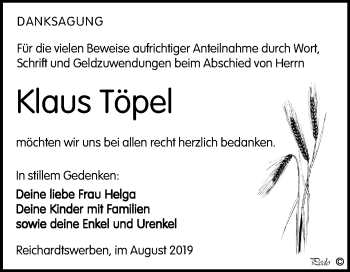 Traueranzeige von Klaus Töpel von Mitteldeutsche Zeitung Weißenfels
