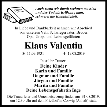 Traueranzeige von Klaus Valentin von Super Sonntag Wittenberg