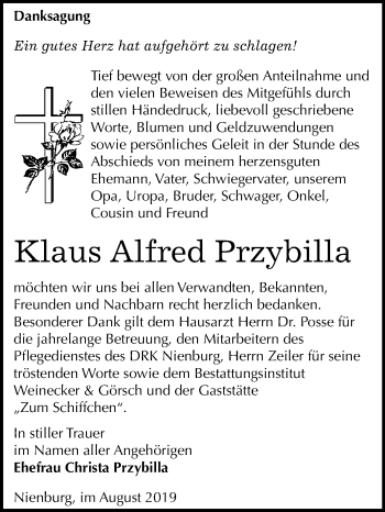 Traueranzeige von Klaus Alfred Przybilla von Mitteldeutsche Zeitung Bernburg