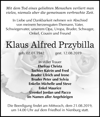 Traueranzeige von Klaus Alfred Przybilla von Super Sonntag Bernburg