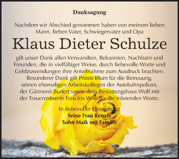 Traueranzeige von Klaus Dieter Schulze von Mitteldeutsche Zeitung Weißenfels