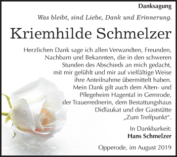 Traueranzeige von Kriemhilde Schmelzer von Super Sonntag Quedlinburg