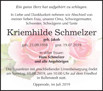 Traueranzeige von Kriemhilde Schmelzer von Mitteldeutsche Zeitung Quedlinburg
