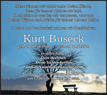 Traueranzeige von Kurt Buseck von Wochenspiegel Bitterfeld