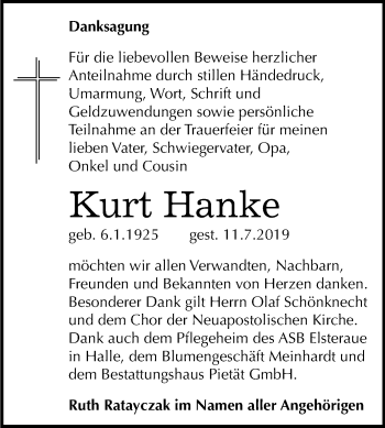 Traueranzeige von Kurt Hanke von Mitteldeutsche Zeitung Bitterfeld