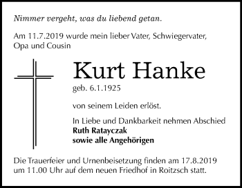 Traueranzeige von Kurt Hanke von Wochenspiegel Bitterfeld