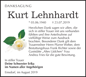 Traueranzeige von Kurt Lehnhardt von Mitteldeutsche Zeitung Sangerhausen