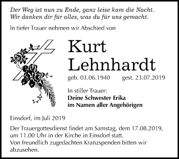 Traueranzeige von Kurt Lehnhardt von Mitteldeutsche Zeitung Sangerhausen