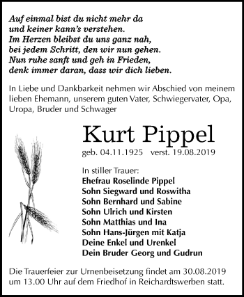 Traueranzeige von Kurt Pippel von Mitteldeutsche Zeitung Weißenfels