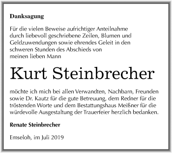 Traueranzeige von Kurt Steinbrecher von Super Sonntag Sangerhausen
