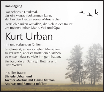 Traueranzeige von Kurt Urban von Mitteldeutsche Zeitung Weißenfels
