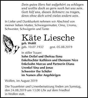 Traueranzeige von Käte Liesche von Mitteldeutsche Zeitung Bitterfeld