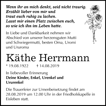 Traueranzeige von Käthe Herrmann von Wochenspiegel Mansfelder Land