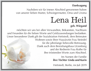 Traueranzeige von Lena Heil von Mitteldeutsche Zeitung Mansfelder Land