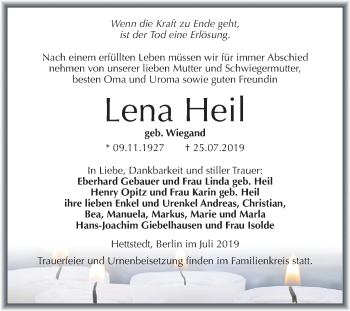 Traueranzeige von Lena Heil von Super Sonntag Mansfelder Land