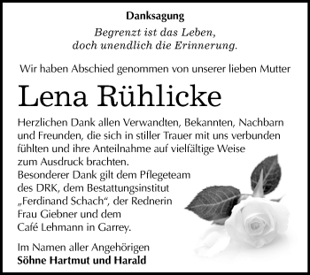 Traueranzeige von Lena Rühlicke von Super Sonntag Wittenberg