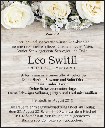 Traueranzeige von Leo Switil von Mitteldeutsche Zeitung Mansfelder Land